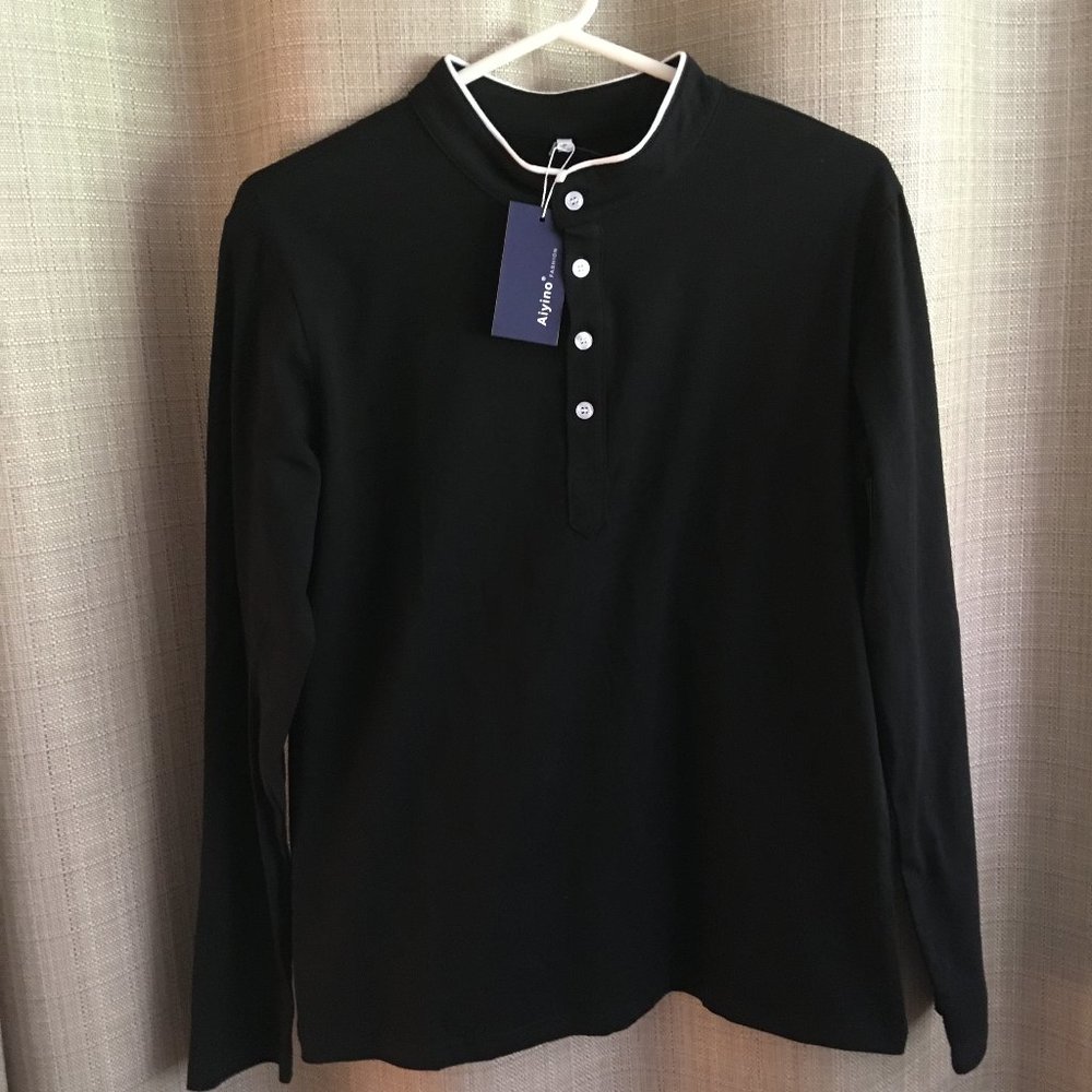 AIYINO FASHION Pure Color Long Sleeve Polo Shirt Black Size S